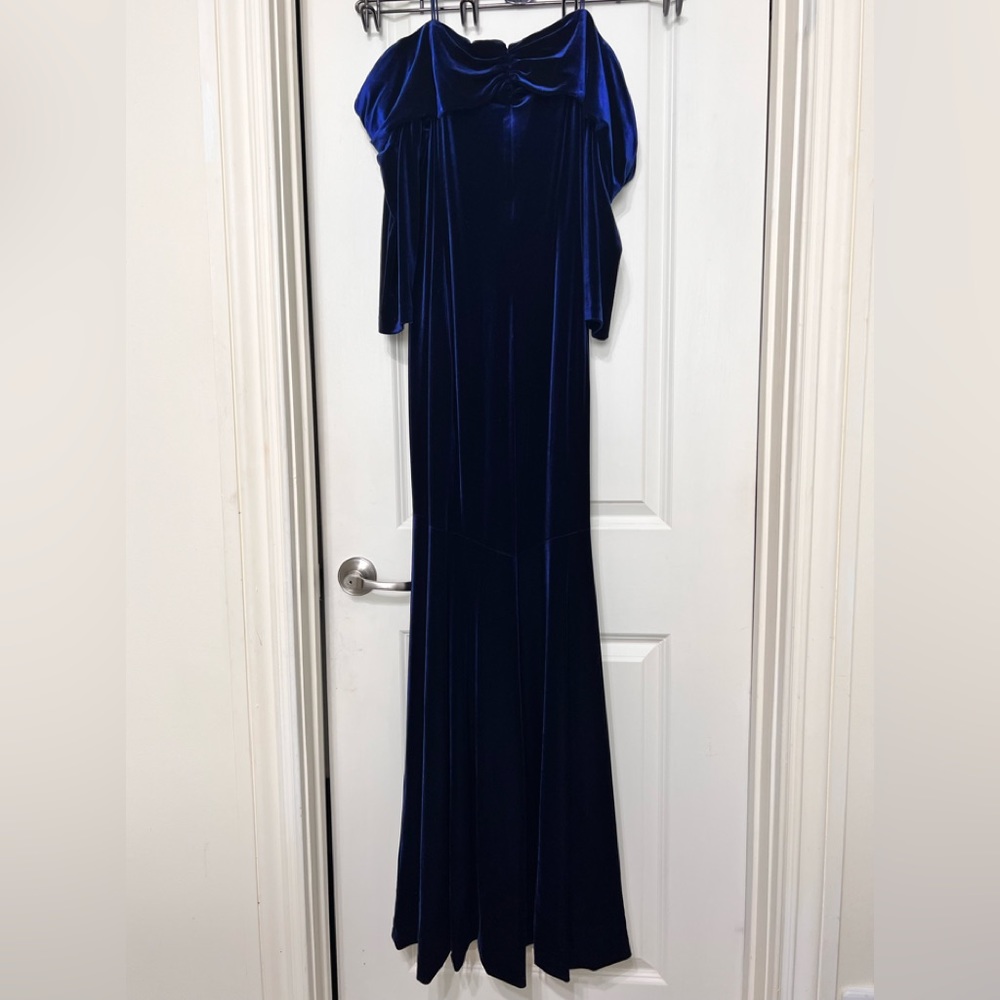 THEIA Off Shoulder Velvet Gown in Royal Blue